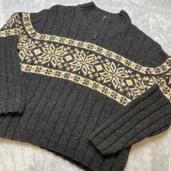 Lands End Nordic Fair Isle Sweater Mens L Gray 100% Wool Ribbed 1/4 Zip Pullover - Picture 1 of 7